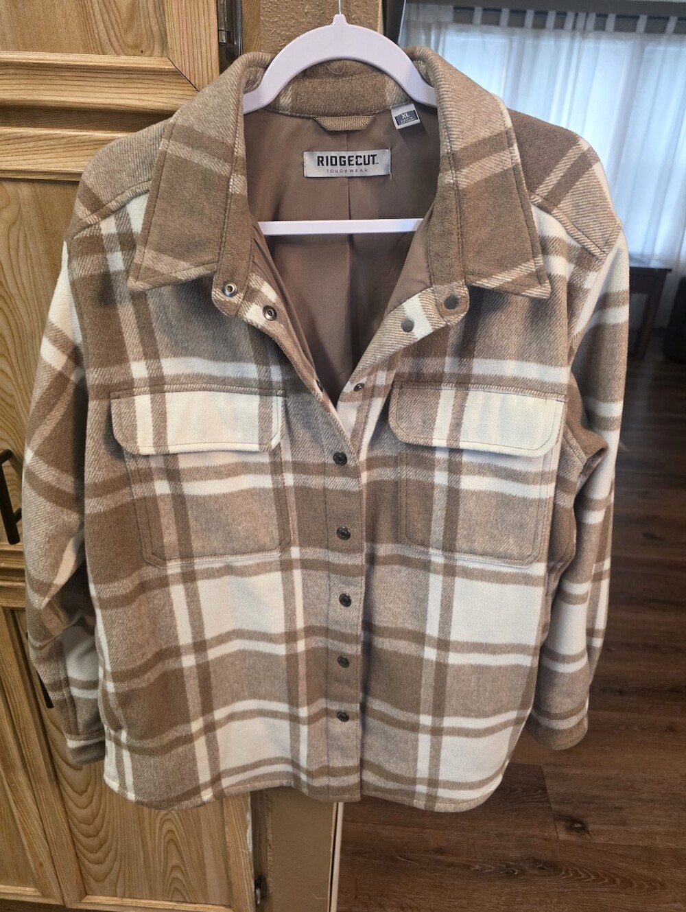 Ridgecut Plaid Utility Shacket in Brown and Cream